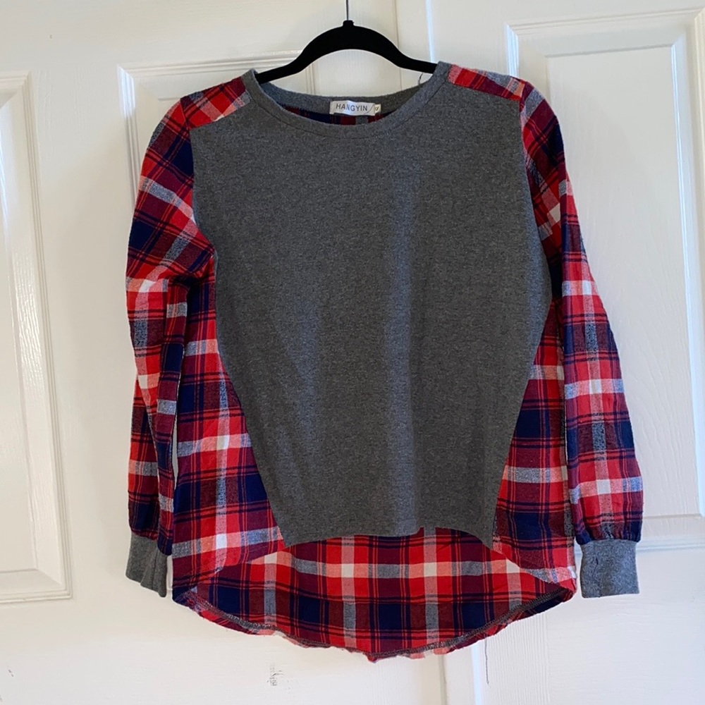 NWOT UO Fall Red Checkered Flannel with Grey Long Sleeve Top